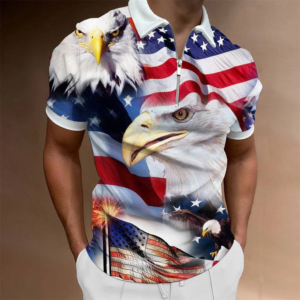 Men's American Flag Zipper Collar Polo Shirt