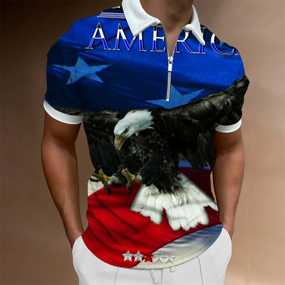 Men's American Flag Zipper Collar Polo Shirt