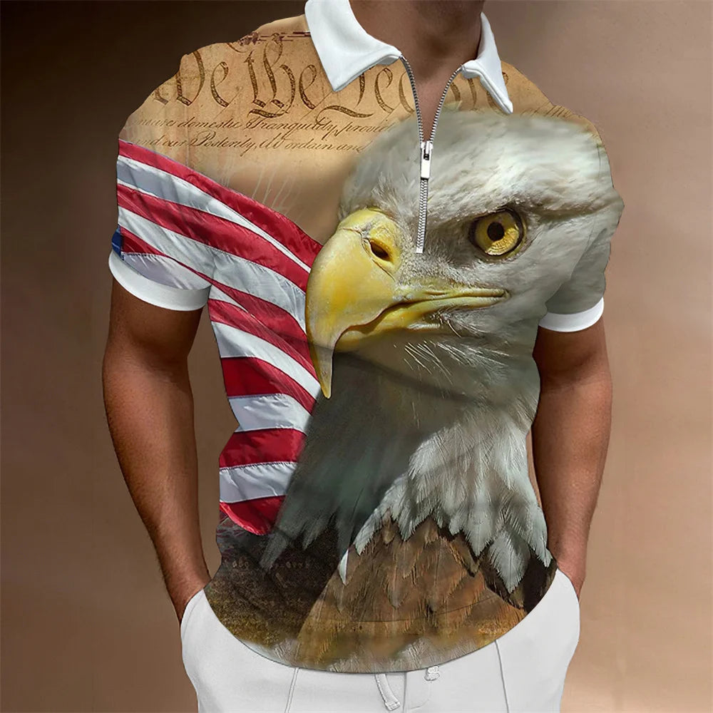 Men's American Flag Zipper Collar Polo Shirt