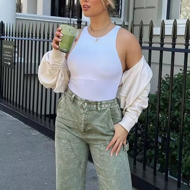 HXAO Bodysuit Women 2024 One Pieces Sleeveless Black Bodysuit Woman White Summer Female Jumpsuit Grey Short Bodysuits Bodycon