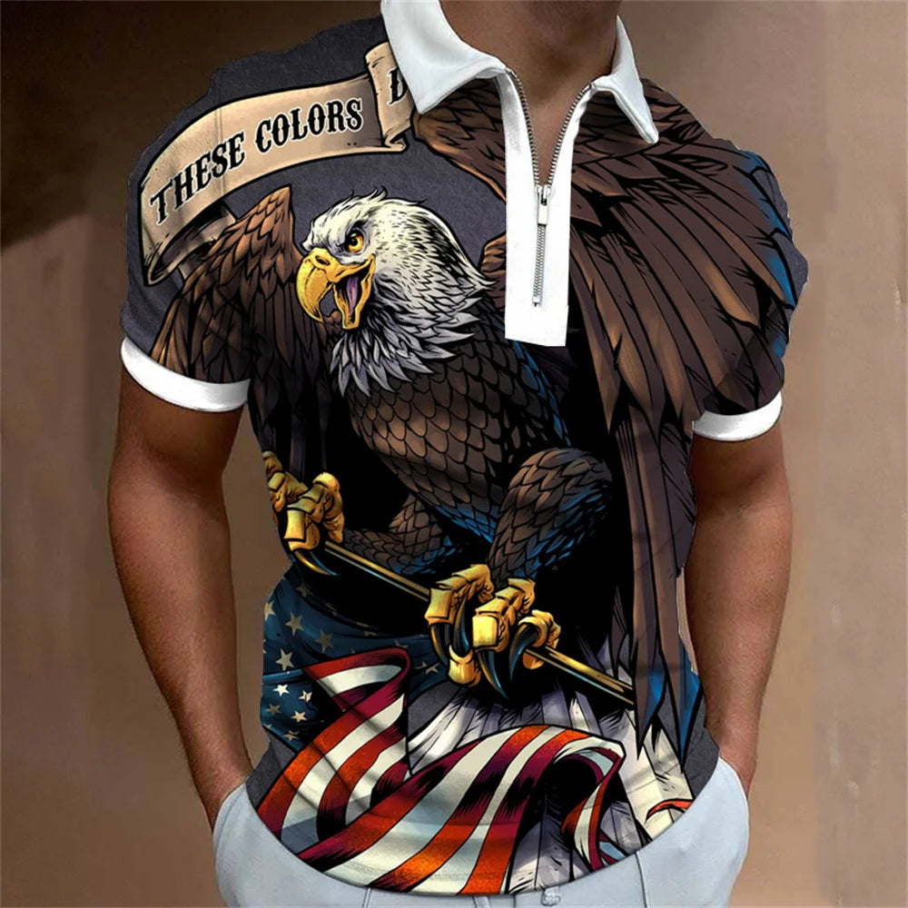 Men's American Flag Zipper Collar Polo Shirt