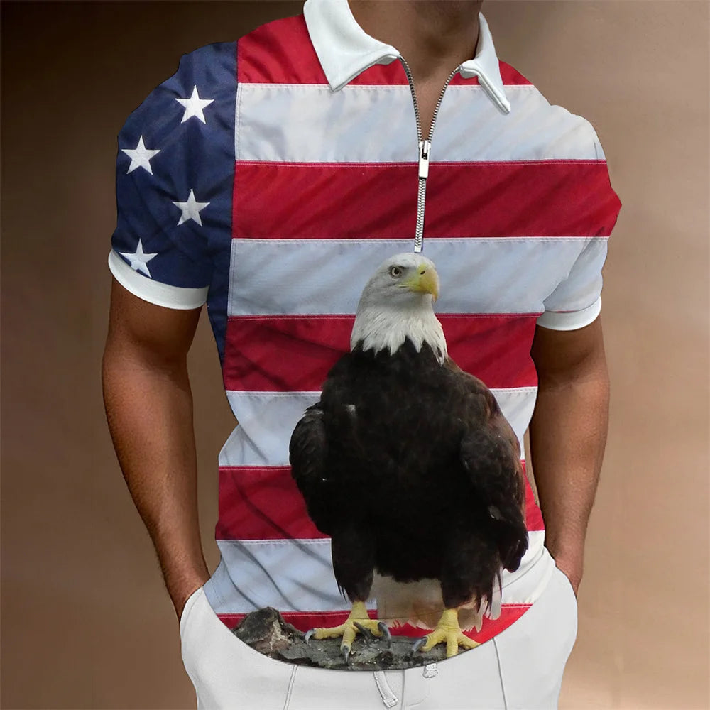 Men's American Flag Zipper Collar Polo Shirt