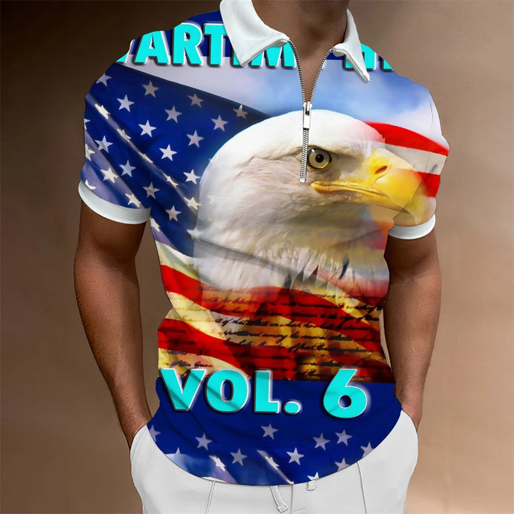 Men's American Flag Zipper Collar Polo Shirt