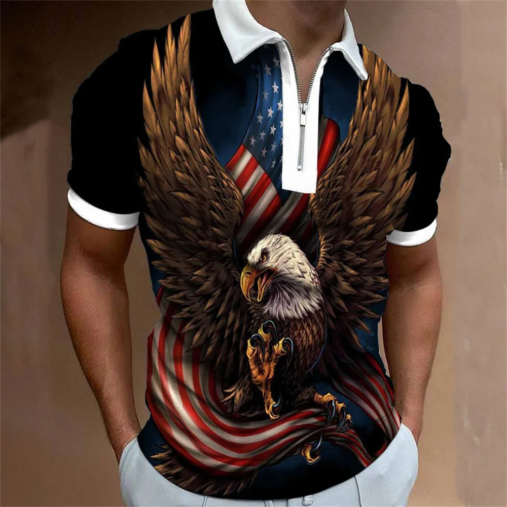 Men's American Flag Zipper Collar Polo Shirt