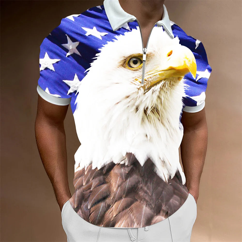 Men's American Flag Zipper Collar Polo Shirt