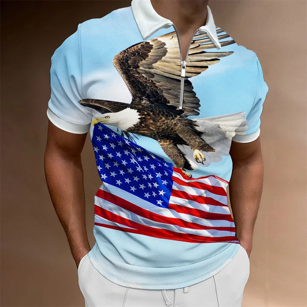 Men's American Flag Zipper Collar Polo Shirt