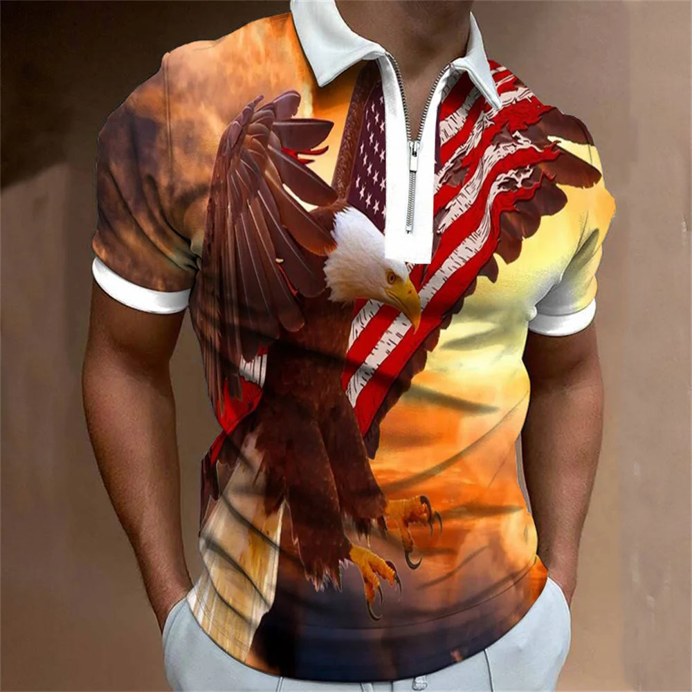 Men's American Flag Zipper Collar Polo Shirt