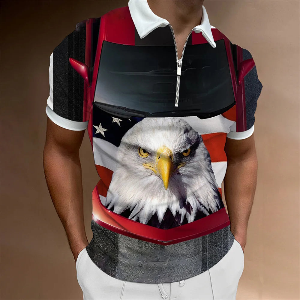 Men's American Flag Zipper Collar Polo Shirt