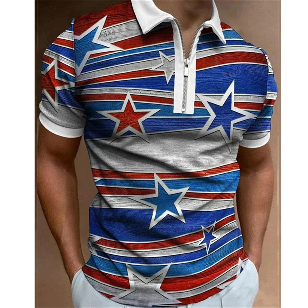 Men's American Flag Zipper Collar Polo Shirt