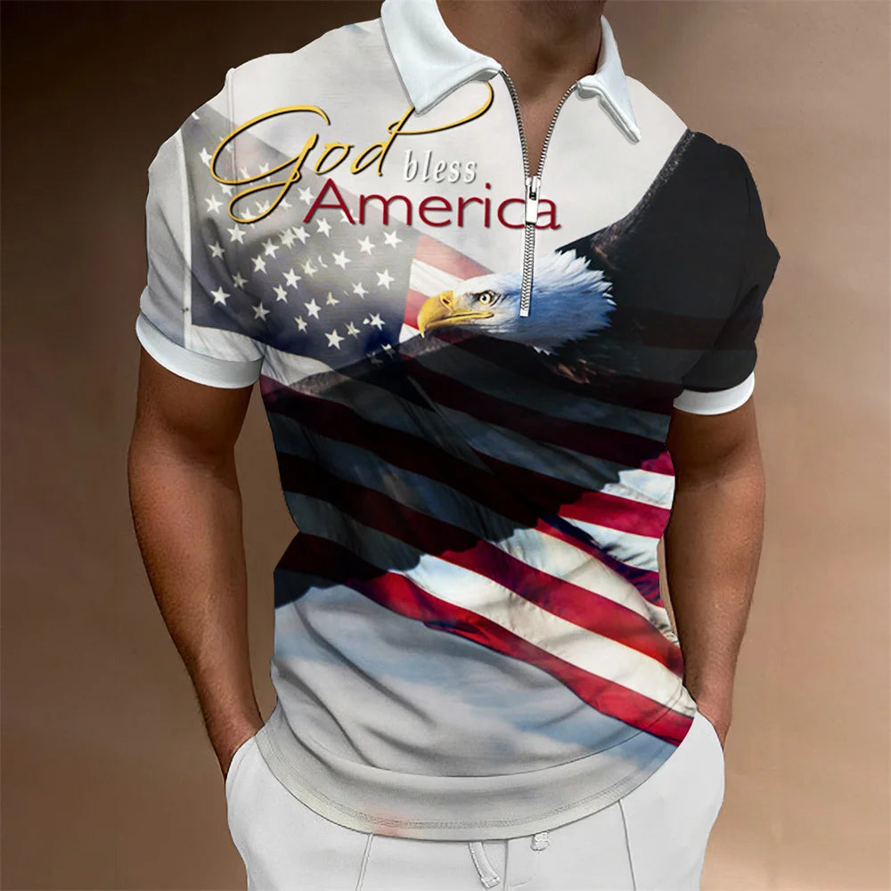 Men's American Flag Zipper Collar Polo Shirt
