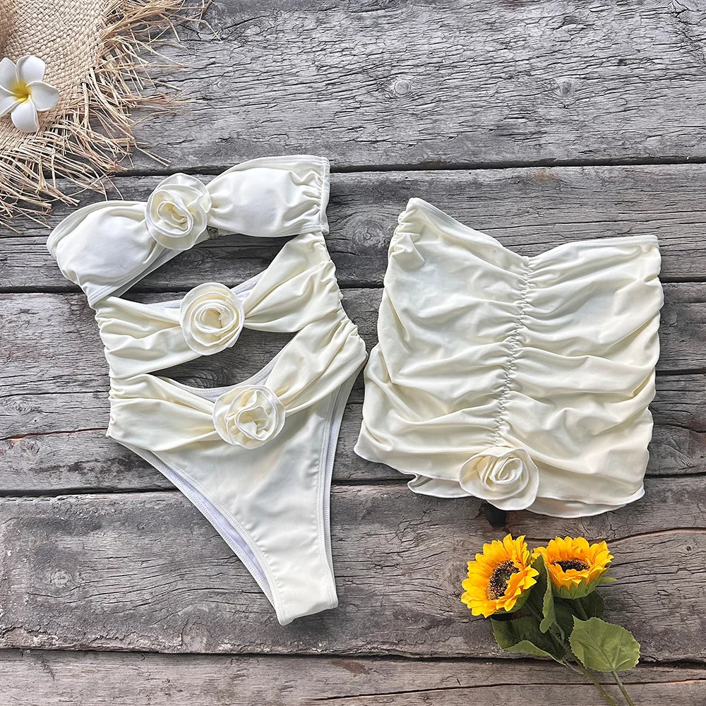 Two-Pieces Women Floral Lace Up 2024 Push-Up Padded Bra White Swimsuit Swimwear Bathing Suit Beachwear Monokini Female