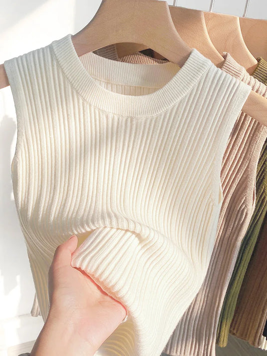 AOSSVIAO 2024 Korea Knitted Vests Women Top O-neck Solid Tank Blusas Y2K Summer New Fashion Female Sleeveless Casual Thin Tops