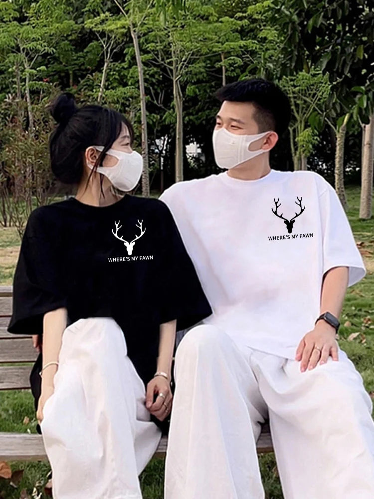 240g Cotton Super Quality Summer Fashion Elk Horn Print Men Women Casual Loose Short Sleeve T-shirt Top For Couple Clothes