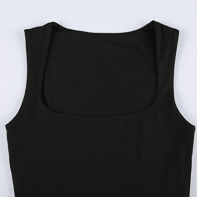 Women's Solid Black Square Collar Crop Top