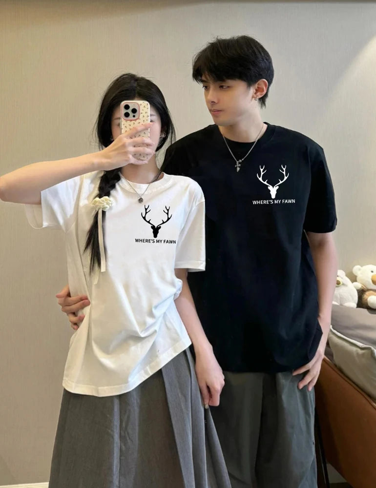 240g Cotton Super Quality Summer Fashion Elk Horn Print Men Women Casual Loose Short Sleeve T-shirt Top For Couple Clothes