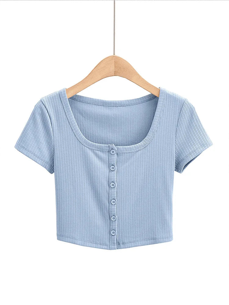 Women's Rib Button Through Short Sleeve Top