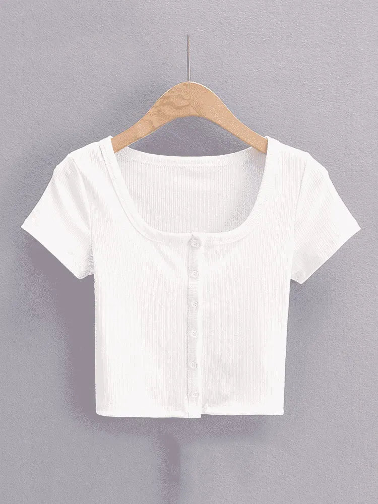 Women's Rib Button Through Short Sleeve Top