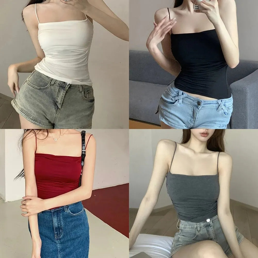 Women's Sleeveless Top Tank Underwear Fitted Camisole Sexy Short Top With Thin Straps Plain White Tank Top Korean Style