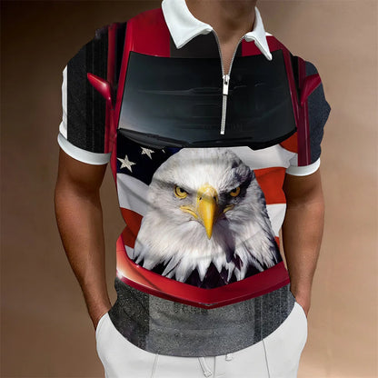 Men's American Flag Zipper Collar Polo Shirt