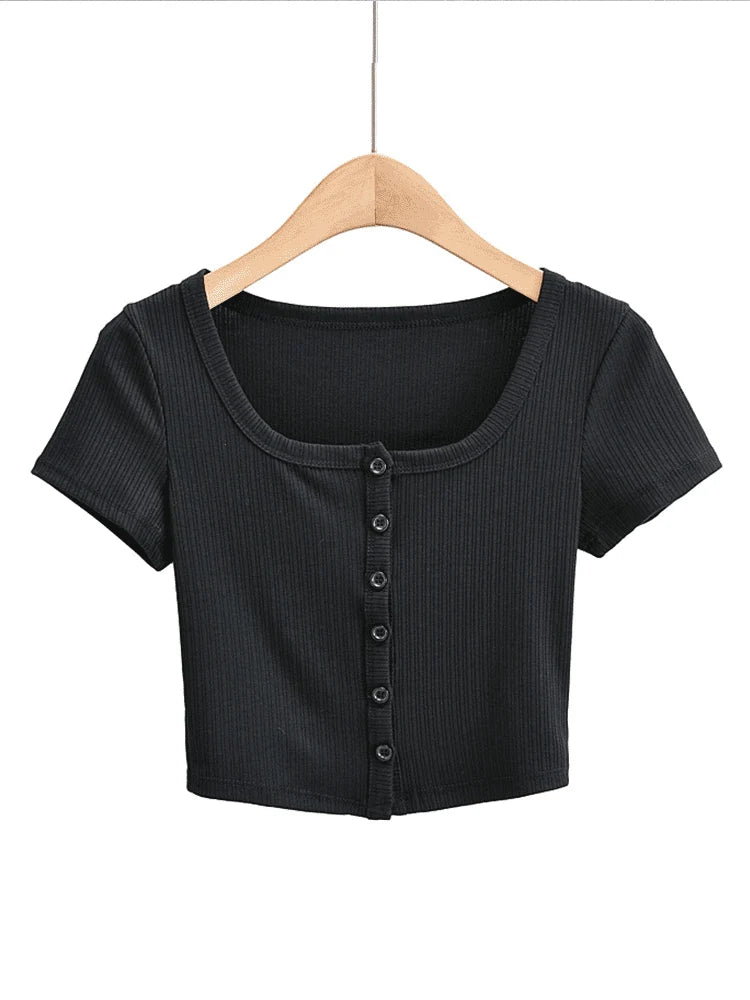 Women's Rib Button Through Short Sleeve Top