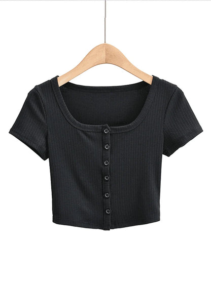 Women's Rib Button Through Short Sleeve Top